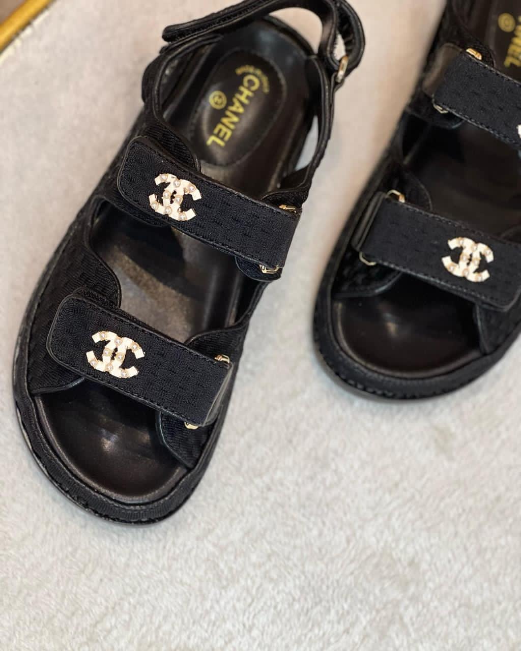 price and purchase Chanel Velcro Fabric Sandals Cubic CC Logo