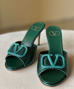 Replica Valentino Metallic V Logo Heel Sandals Silver Metallic